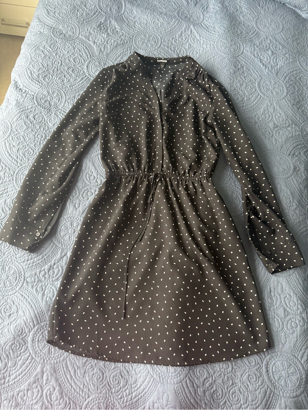 Express Black Polka Dot Long-Sleeve Drawstring-Waist Dress